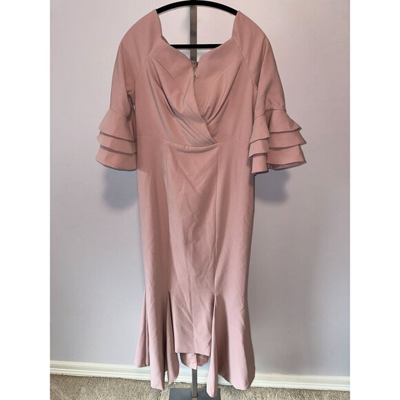 Fehaute Pink Ruffled Bell Sleeves V Neck Mermaid Maxi Dress Wedding Size  8 NWT - Picture 7 of 7